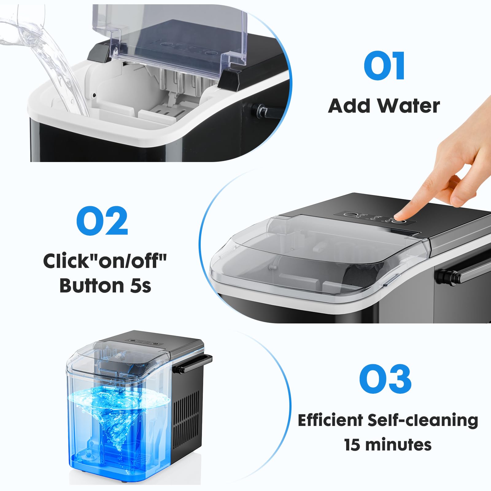 DUMOS Countertop Ice Maker Machine - 26lbs/24Hrs, 9 Cubes in 6 Mins, Self-Cleaning, Portable & Quiet - Perfect for Home Kitchen, RV, Camping, Office & Outdoor Parties (Black)
