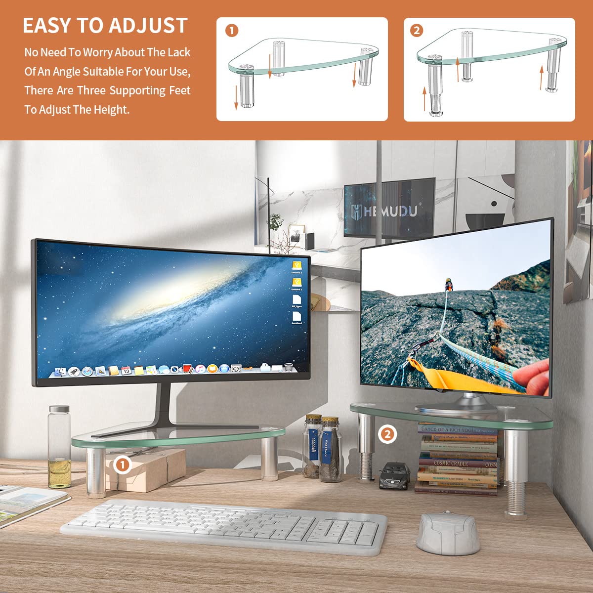 Hemudu 2 Pack Monitor Stand Riser - Adjustable Triangle Corner Desktop Stand for Computer Monitor & Laptop, Ergonomic HD01T-203 - Perfect for Home Office, Gaming Setup & Workspace Organization