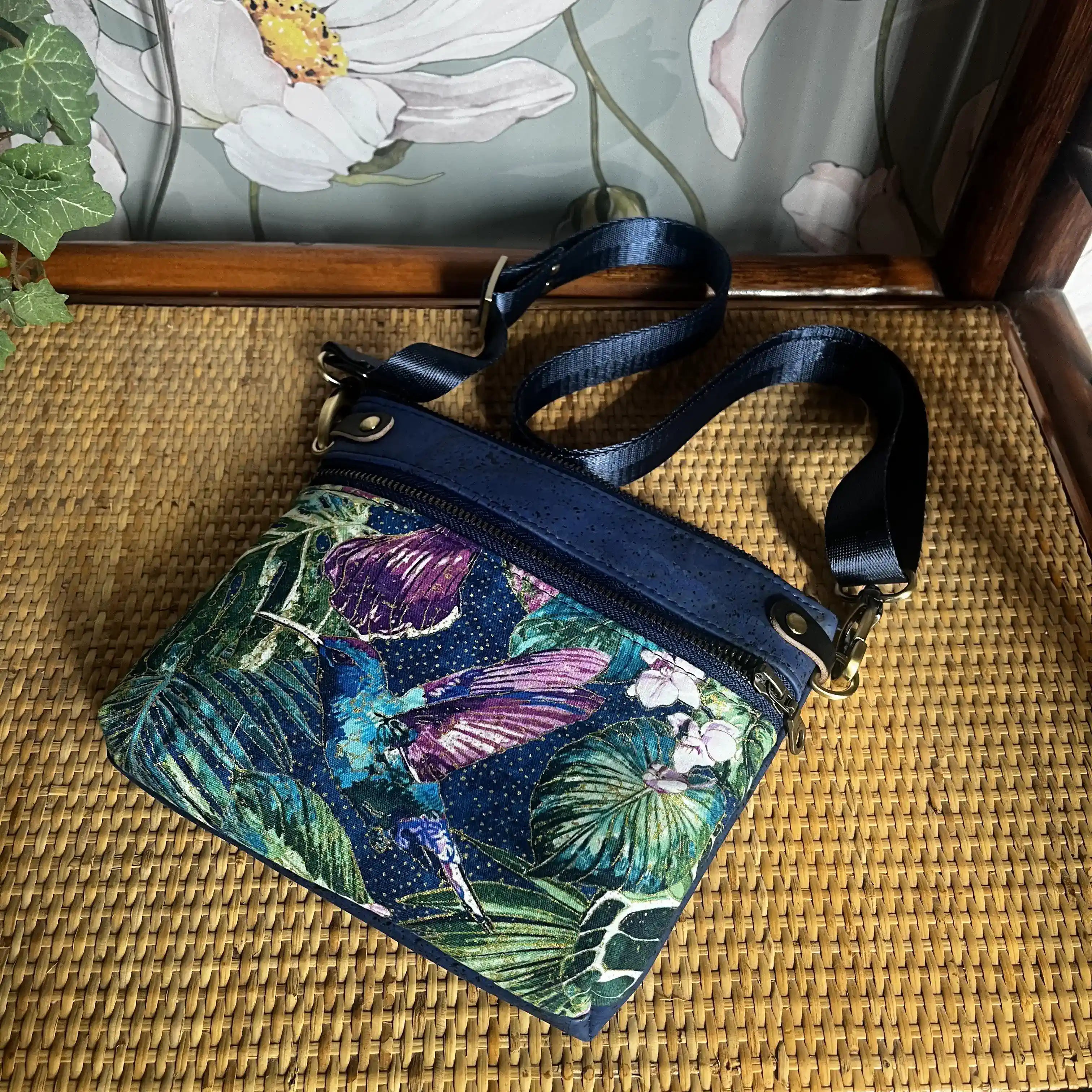 Izzy's Mom Cross Body Bag (Medium) - Cork Blue Hummingbird Print & Brushed Antique Leather | Stylish Women's Shoulder Purse for Daily Use, Travel & Shopping