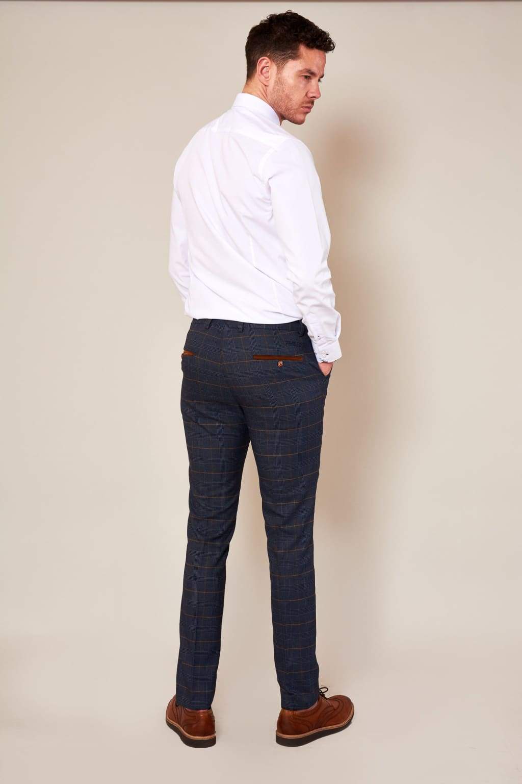 Marc Darcy Jenson Marine Navy Check Skinny Fit Trousers for Men - Slim Fit Casual Pants for Work, Office & Everyday Wear