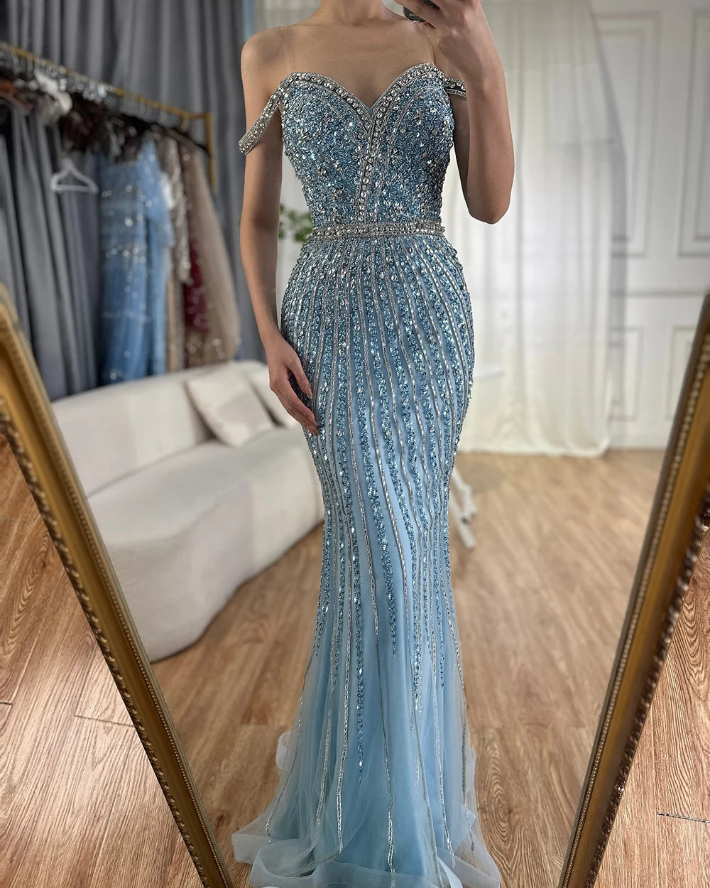 Elegant Dubai Blue Beaded Mermaid Prom Dress - Luxury Saudi Evening Gown for Formal Events & Special Occasions | Perfect for Weddings, Galas, and Red Carpet Events