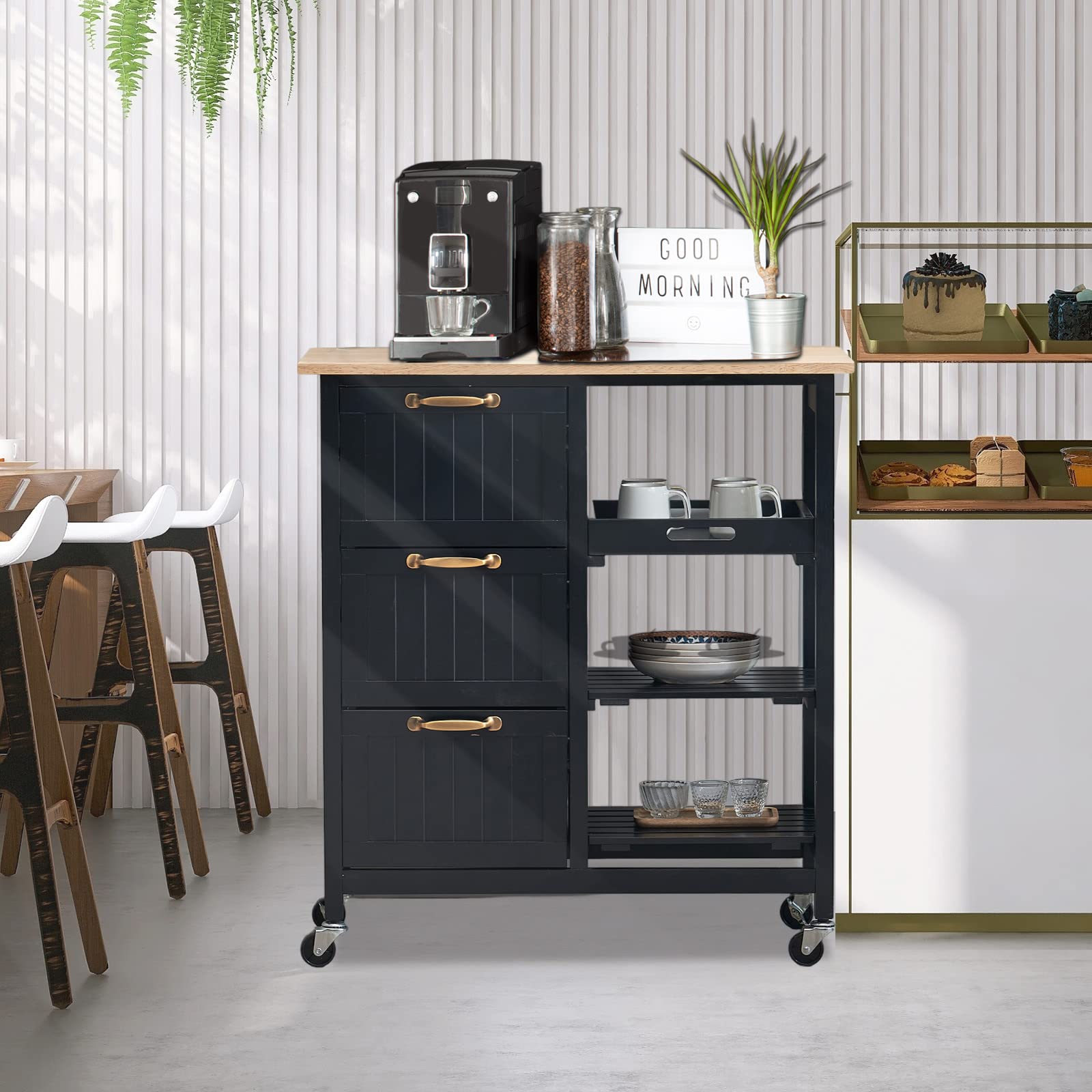 VINGLI Kitchen Island Cart with 3 Drawers, 2 Tier Holders & Removable Tray - Black Rolling Storage Cabinet with Solid Wood Top for Small Kitchen, Microwave Trolley, Home Serving Bar Cart | Perfect for Kitchen Organization, Entertaining & Space-Saving Storage