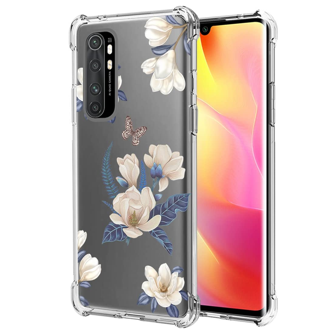 Xiaomi Note 10 Lite Case for Women - Cute Clear Slim Shockproof TPU Rubber Phone Cover with Floral Design | Protective Case for Xiaomi Mi Note 10 Lite M2002F4LG | Perfect for Everyday Use, Work & Travel (White Flower Pattern)