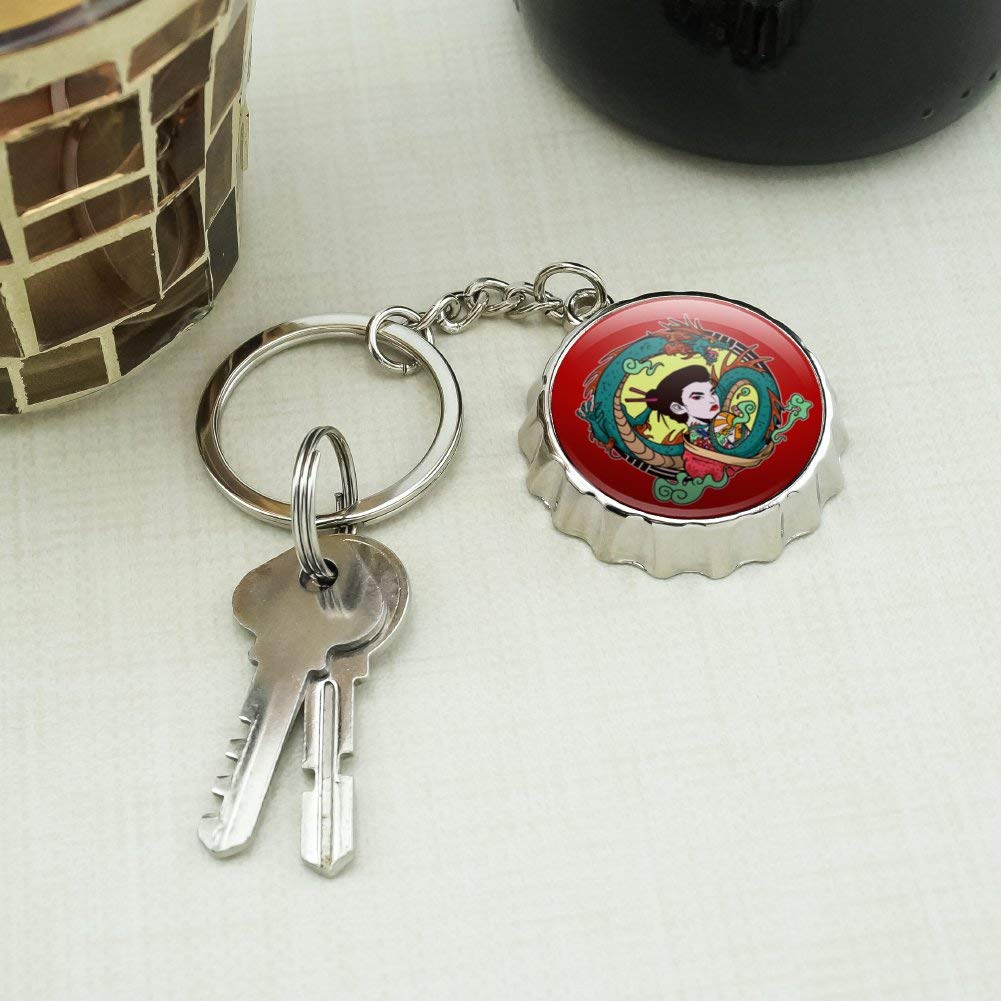 Geisha with The Dragon Tattoo Keychain - Chrome Plated Metal Bottle Opener & Pop Cap - Unique Japanese Style Gift for Beer Lovers, Bar Accessories, Anime Fans & Collectors