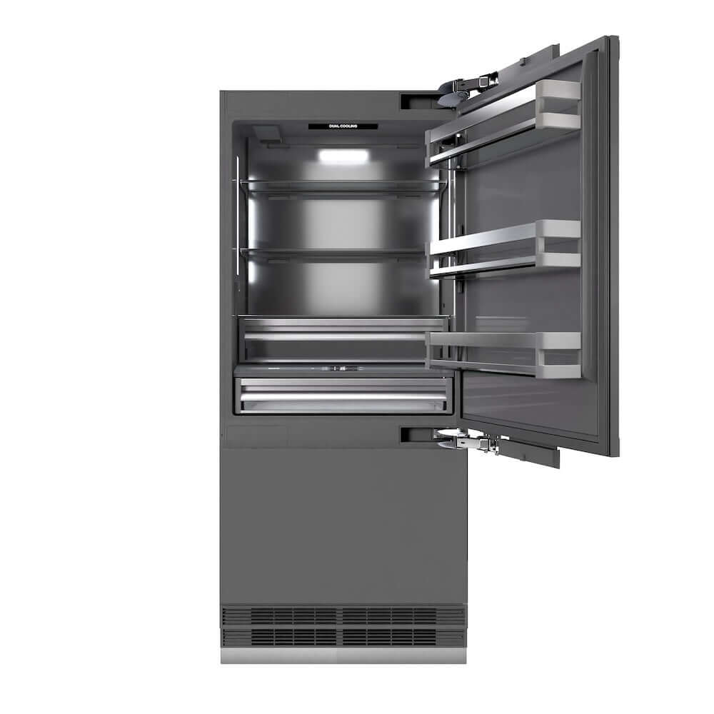 ZLINE Autograph Edition 36 Inch Panel Ready Built-In Bottom Freezer Refrigerator - 19.8 cu ft Capacity, Water Dispenser & Ice Maker, Graphite Gray Interior with Polished Gold Accents (GRBITZ 36 G) - Perfect for Modern Kitchens, Luxury Homes & Gourmet Cooking Spaces