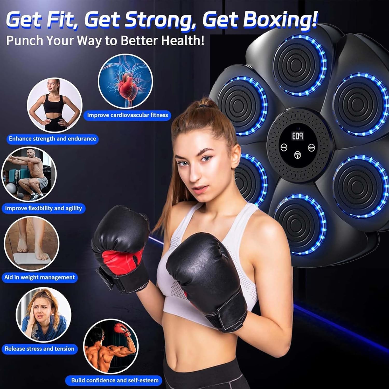 Puncheffy Smart Bluetooth Music Boxing Machine for Kids & Adults - 2025 New Punching Bag with Boxing Gloves - Home Gym Equipment for Fitness, Office Stress Relief & Boxing Training Workouts