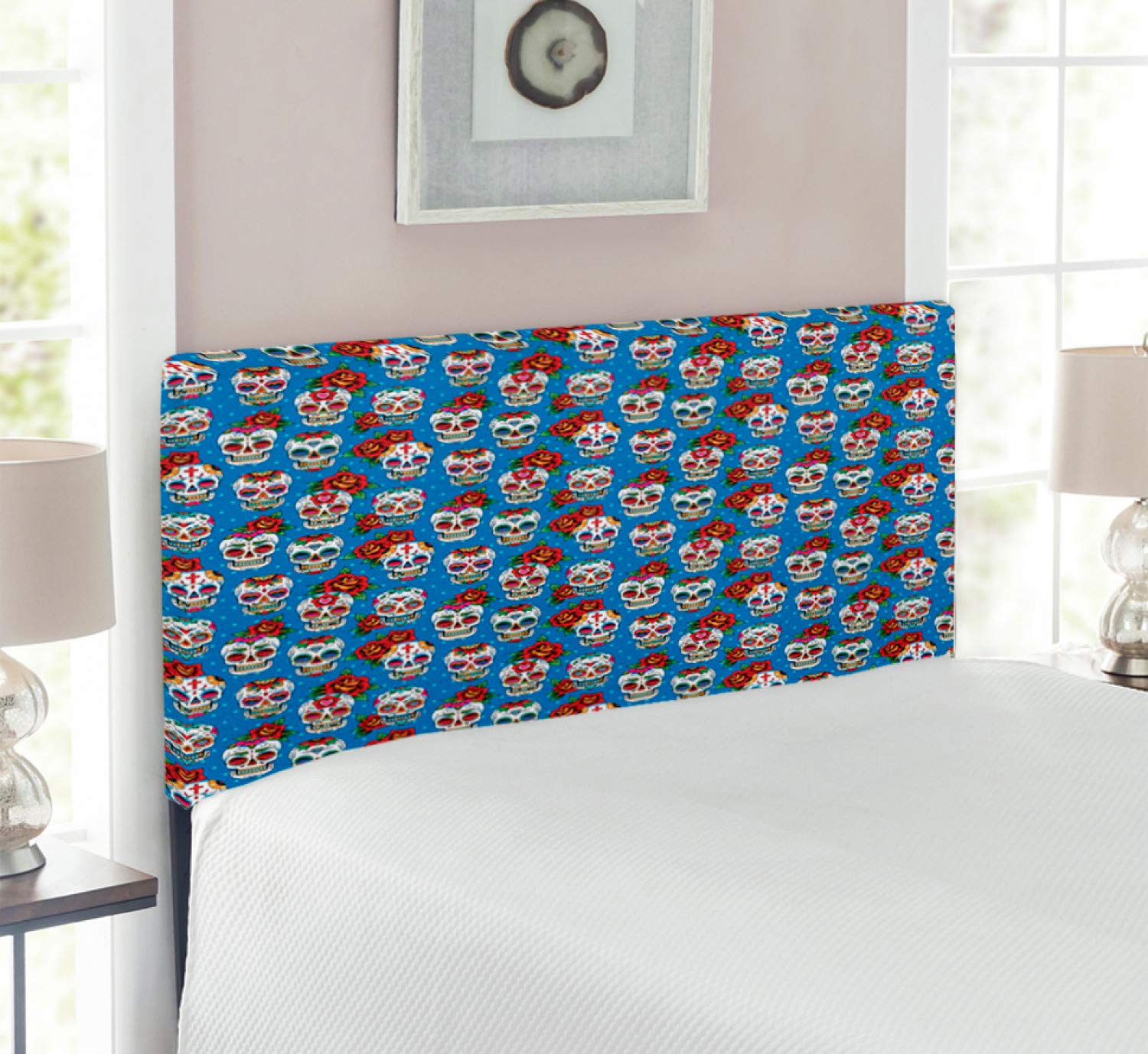 Ambesonne Sugar Skull Headboard - Floral Mexican Style Skulls & Roses Print Upholstered Metal Bed Headboard with Memory Foam - Twin Size in Blue, Red & Ivory - Perfect for Day of the Dead Decor & Bohemian Bedroom Themes