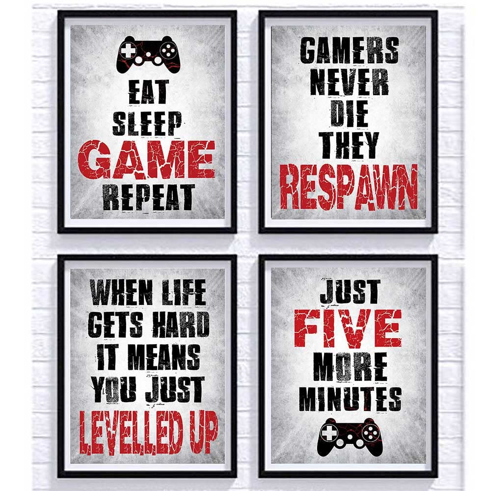 Gamer Wall Art Set of 4 - 8”X10” Video Game Room Decor for Boys & Teens - Motivational Quote Prints for Bedroom, Kids Room & Gaming Space - Perfect Gift for Gamers & Sons - No Frames Included (Ideal for Gaming Rooms, Teen Bedrooms & Gamer Gifts)
