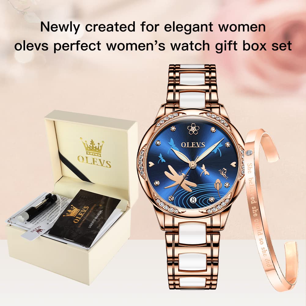 OLEVS Women's Automatic Mechanical Watch with Diamond Heart Dial, Rose Gold Ceramic Band, Waterproof & Luminous Date Display - Perfect for Daily Wear, Office, Dating & Special Occasions