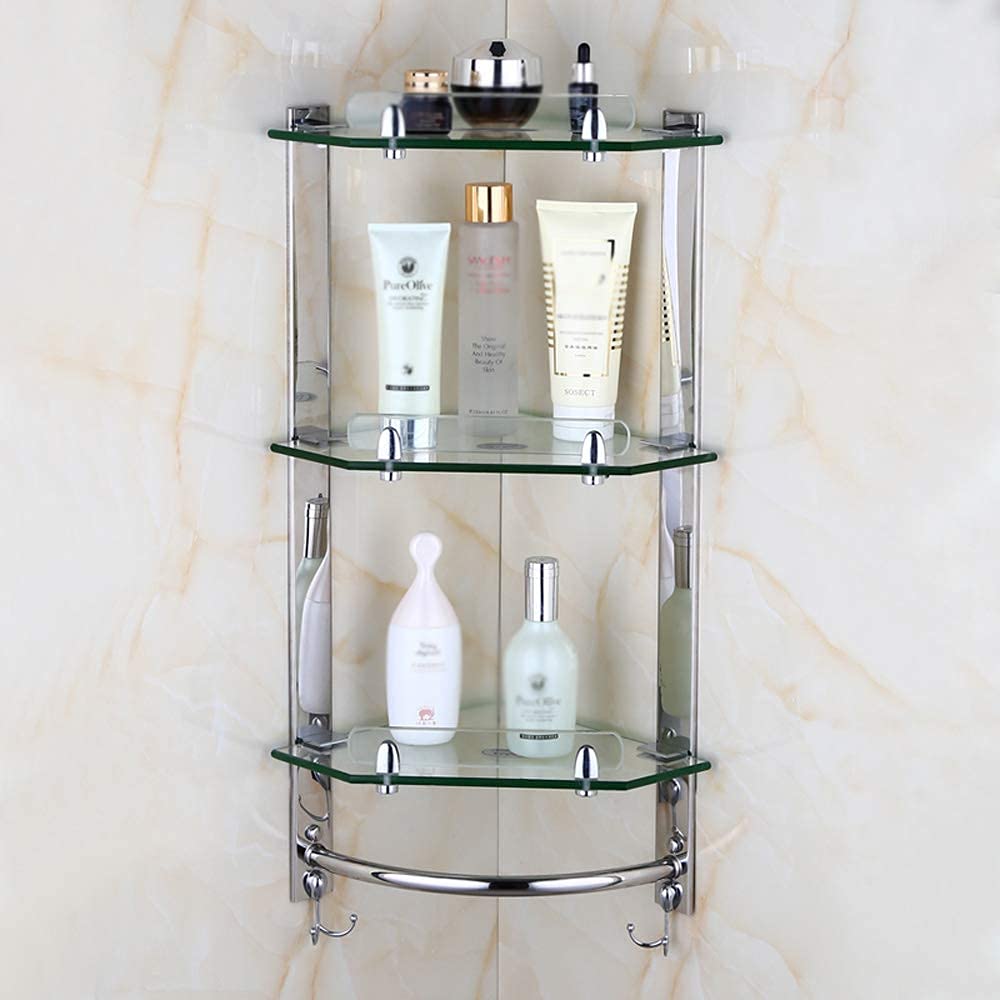 3-Tier Wall Mounted Bathroom Glass Shelf Organizer - Stainless Steel Shower Caddy with Towel Bar & 4 Hooks - Tempered Glass Corner Storage for Bathroom, Shower, Kitchen - Perfect for Small Space Organization