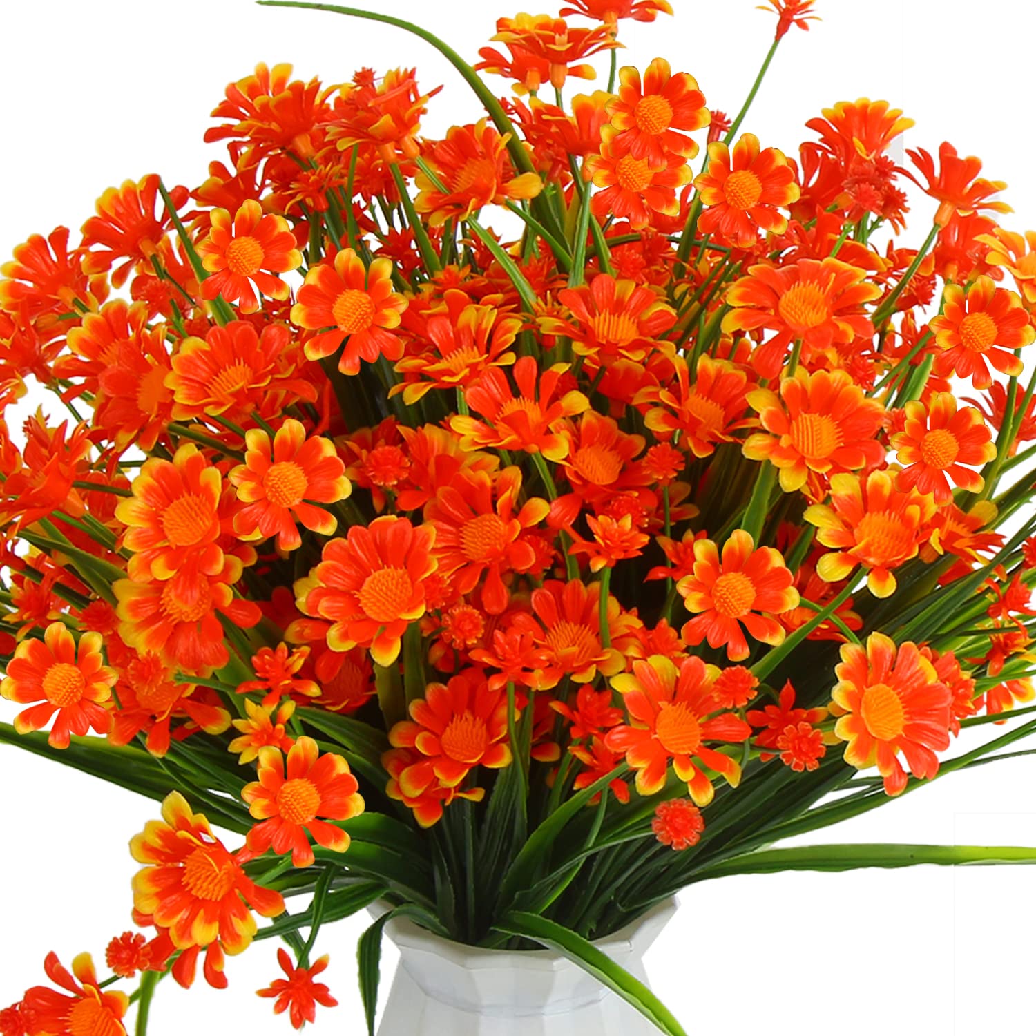 KIMOBER 8 Pack Artificial Daisy Flowers - Plastic Fake Greenery Shrubs Plants for Indoor & Outdoor Home Garden, Porch Decor, Hanging Basket Decoration (Orange) - Perfect for Wedding, Party, Office & Home Decor