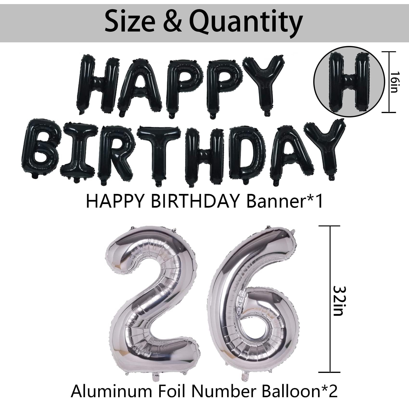 26th Birthday Party Decorations for Men & Women - Black & Silver Theme with Happy Birthday Banner, Foil Stars & Balloons | Perfect for 26th Birthday Celebrations, Milestone Parties & Adult Birthday Decor