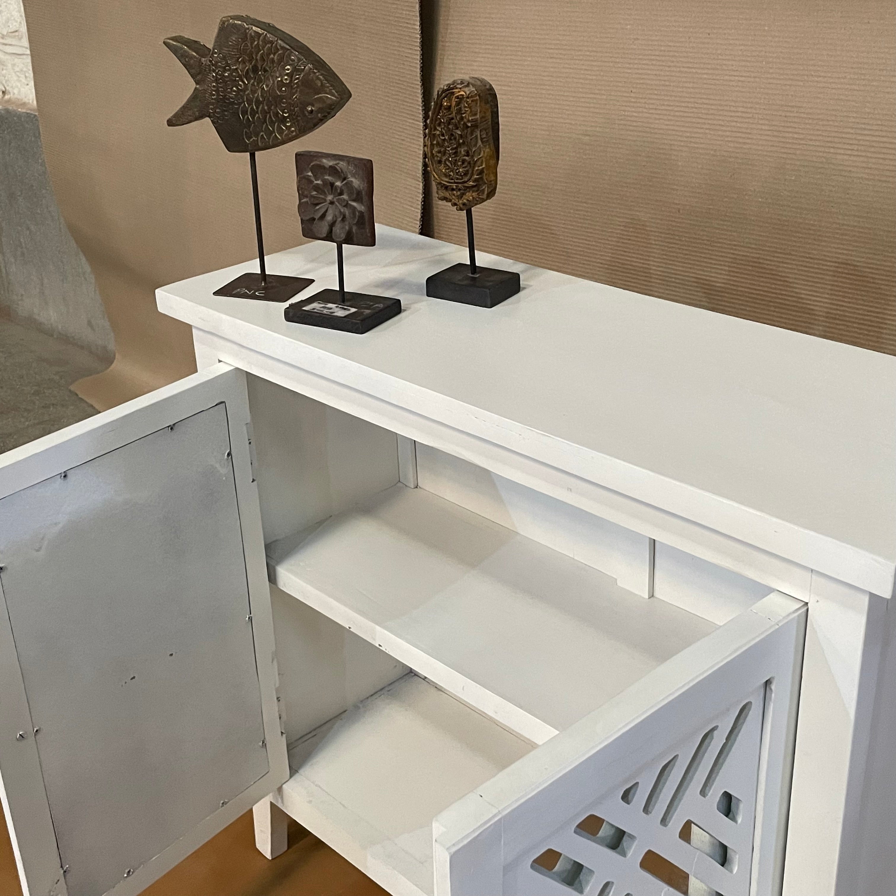 Handcrafted Indian Solid Hardwood Cabinet with 2 Mirror Doors - White (81x31x75cm) | Elegant Storage Solution for Bedroom, Living Room & Entryway