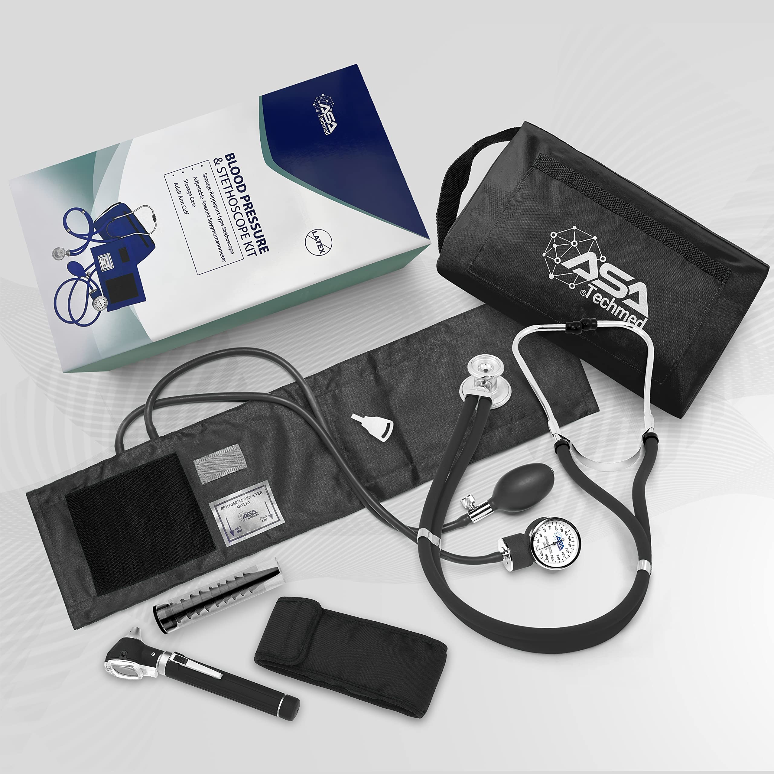 ASA TECHMED Professional Nurse Essentials Kit with Travel Case - Adult Aneroid Blood Pressure Monitor, Stethoscope & Diagnostic Otoscope (Black) | Ideal for Home Healthcare, Clinical Use & Medical Students