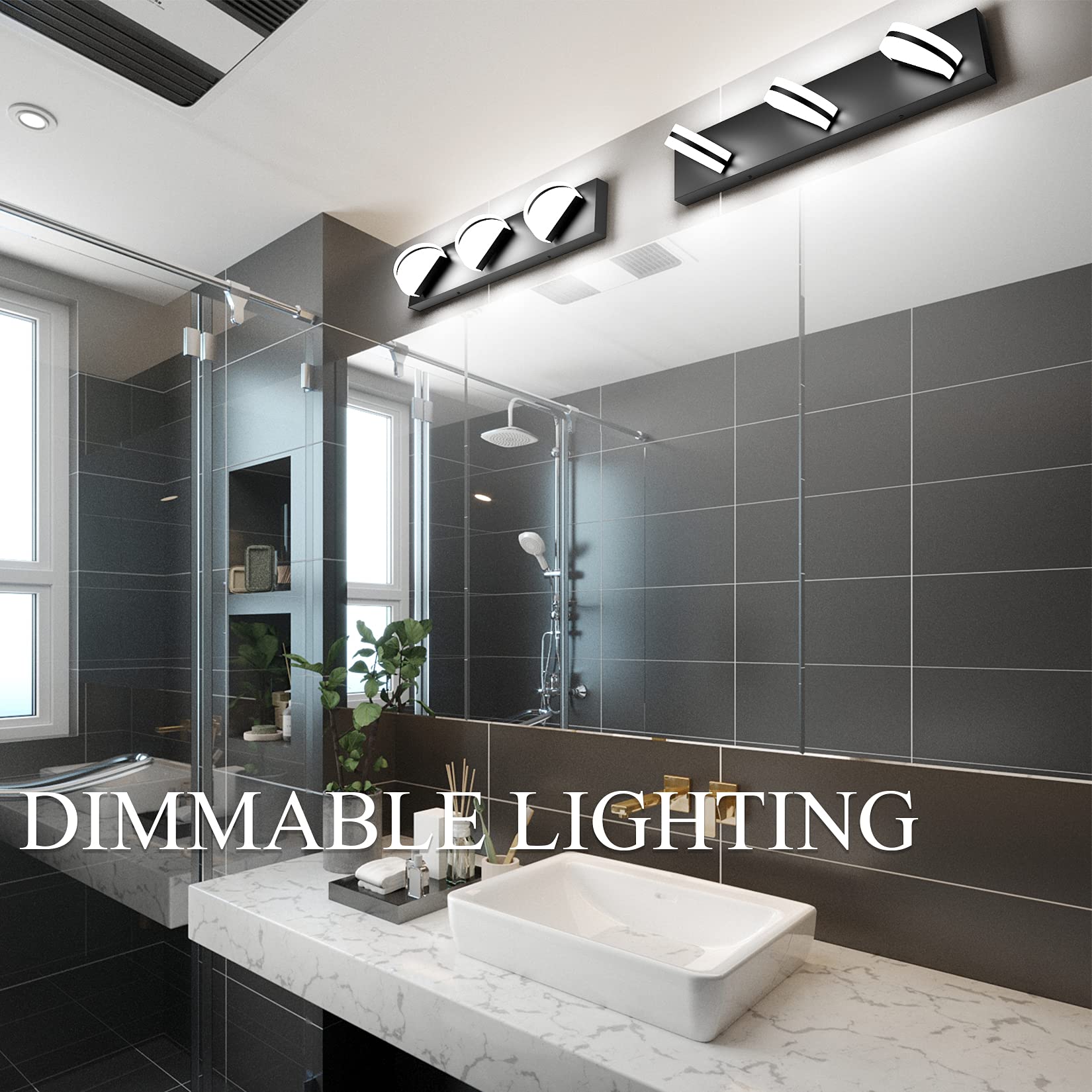 Aipsun Dimmable Modern Black Vanity Light - Acrylic LED Bathroom Wall Light with 3 Lights (6000K White Light) for Makeup Mirror, Dressing Room & Spa Decor