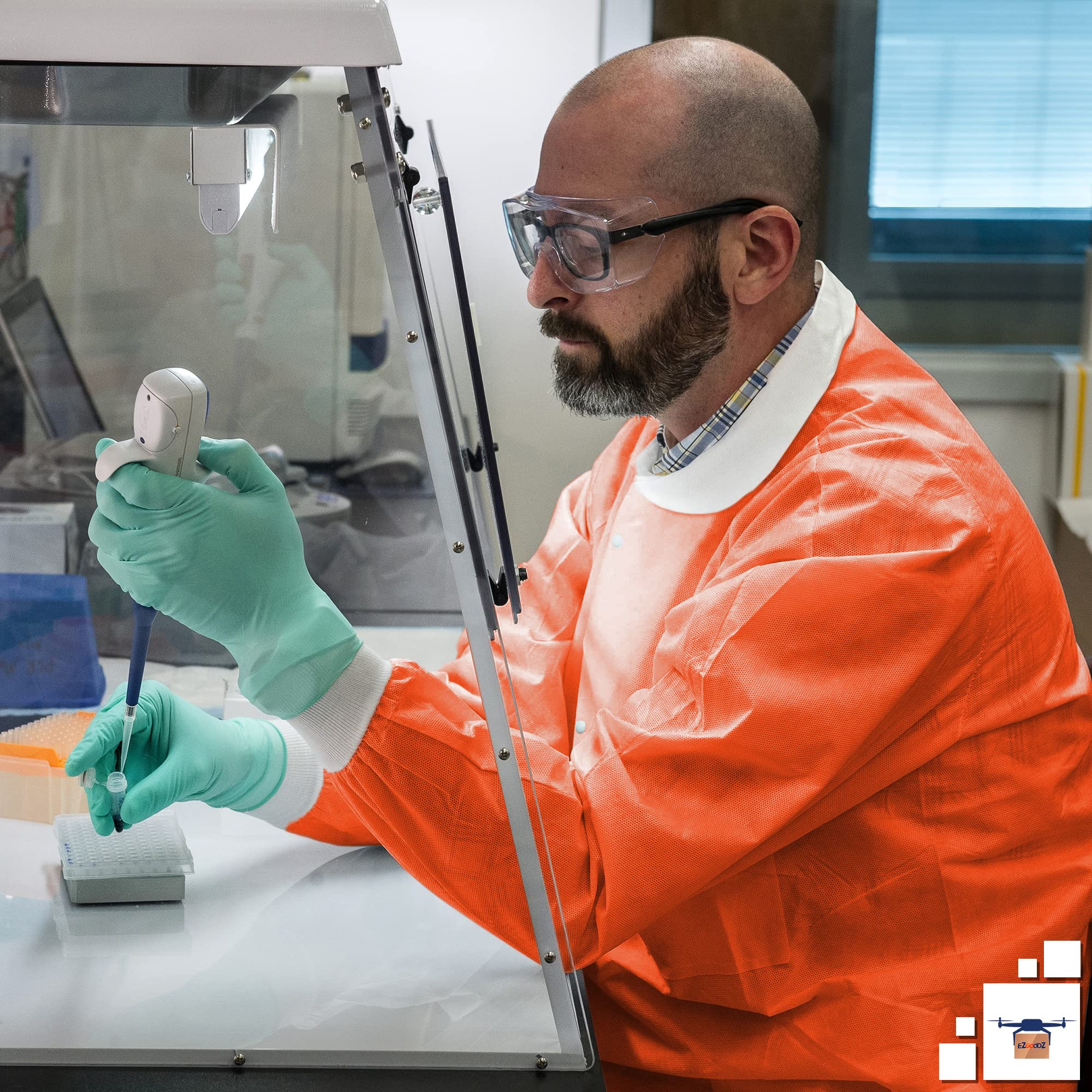 EZGOODZ 31-Inch Disposable Lab Coat - Pack of 100 Orange Unisex PPE Workwear with Snap Front, Knit Cuffs & 3 Pockets (50 GSM) - Ideal for Medical Labs, Cleanrooms & Industrial Safety