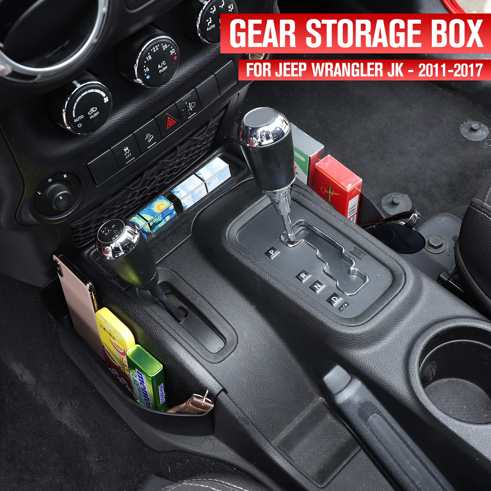 JeCar Black Storage Box Gear Tray Auto Transmission Organizer for Jeep Wrangler JK JKU (2011-2018) - Interior Accessories for Off-Road & Camping Organization