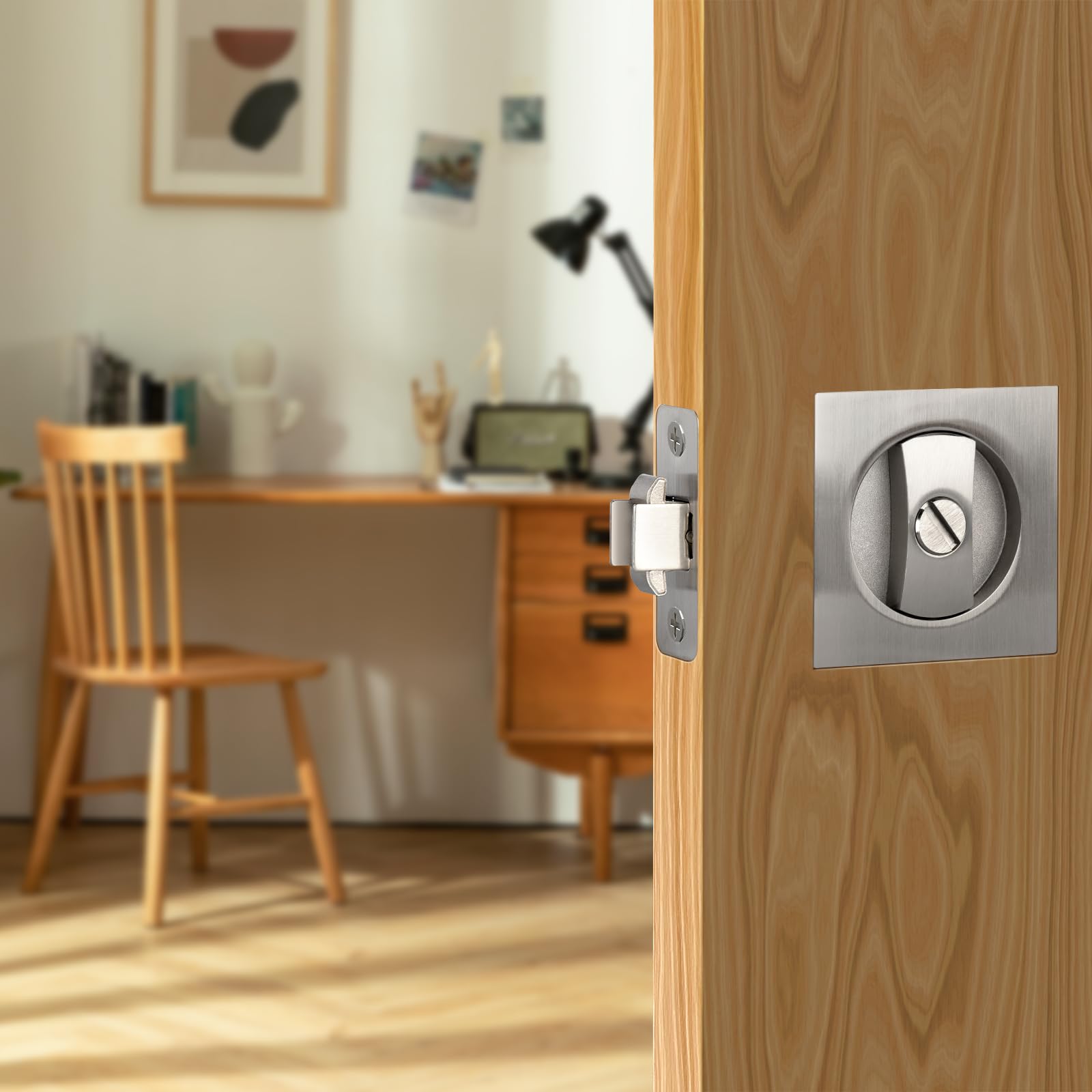 Square Pocket Door Lock - Satin Nickel Contemporary Privacy Sliding Door Hardware, Flush Mount Latch for Bedroom & Bathroom (2-3/8