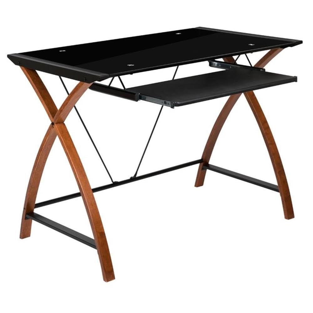 BOWERY HILL Black & Cherry Glass Top Computer Desk - Modern Home Office Workstation for Study, Gaming & Workspace Setup