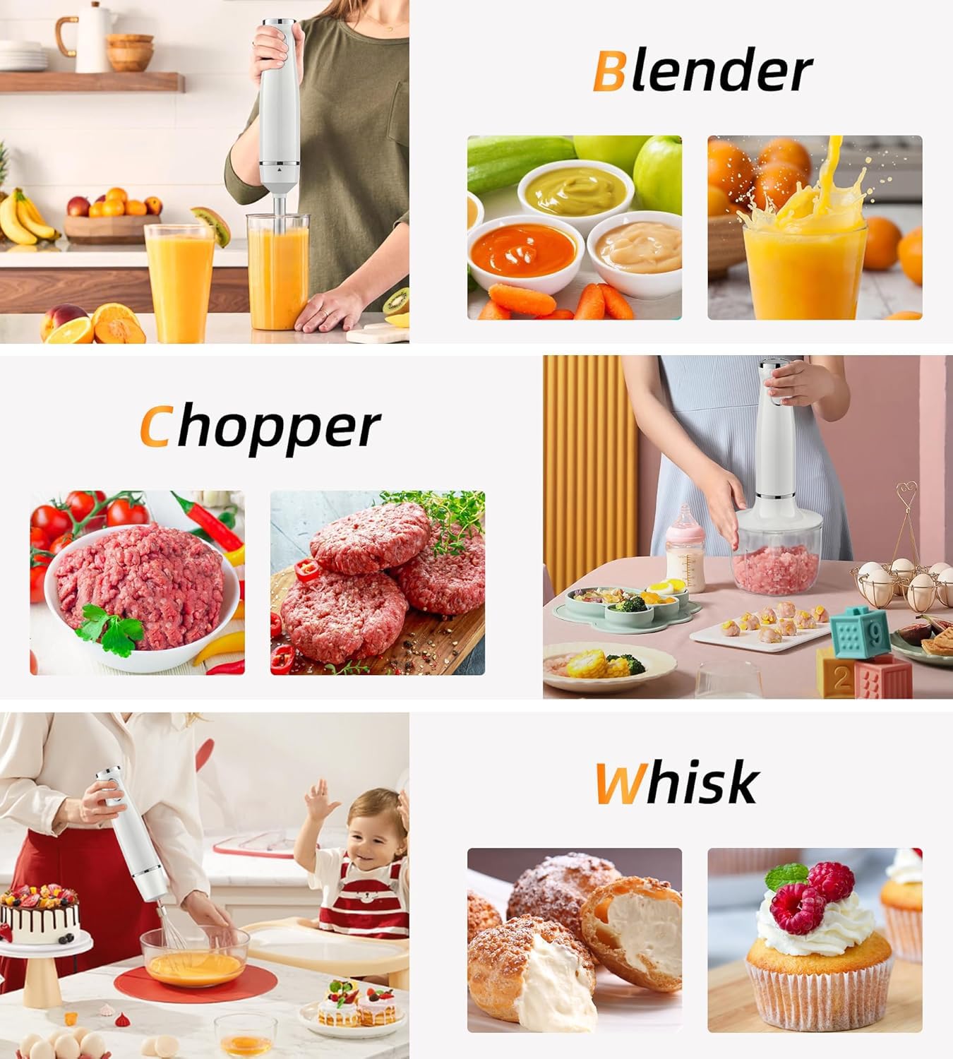 5-in-1 Immersion Blender Handheld Electric - 2-Speed Hand Blender with 16.9oz Food Chopper & 20.3oz Container - Perfect for Pureeing Infant Food, Making Smoothies, Sauces, Soups & Kitchen Mixing