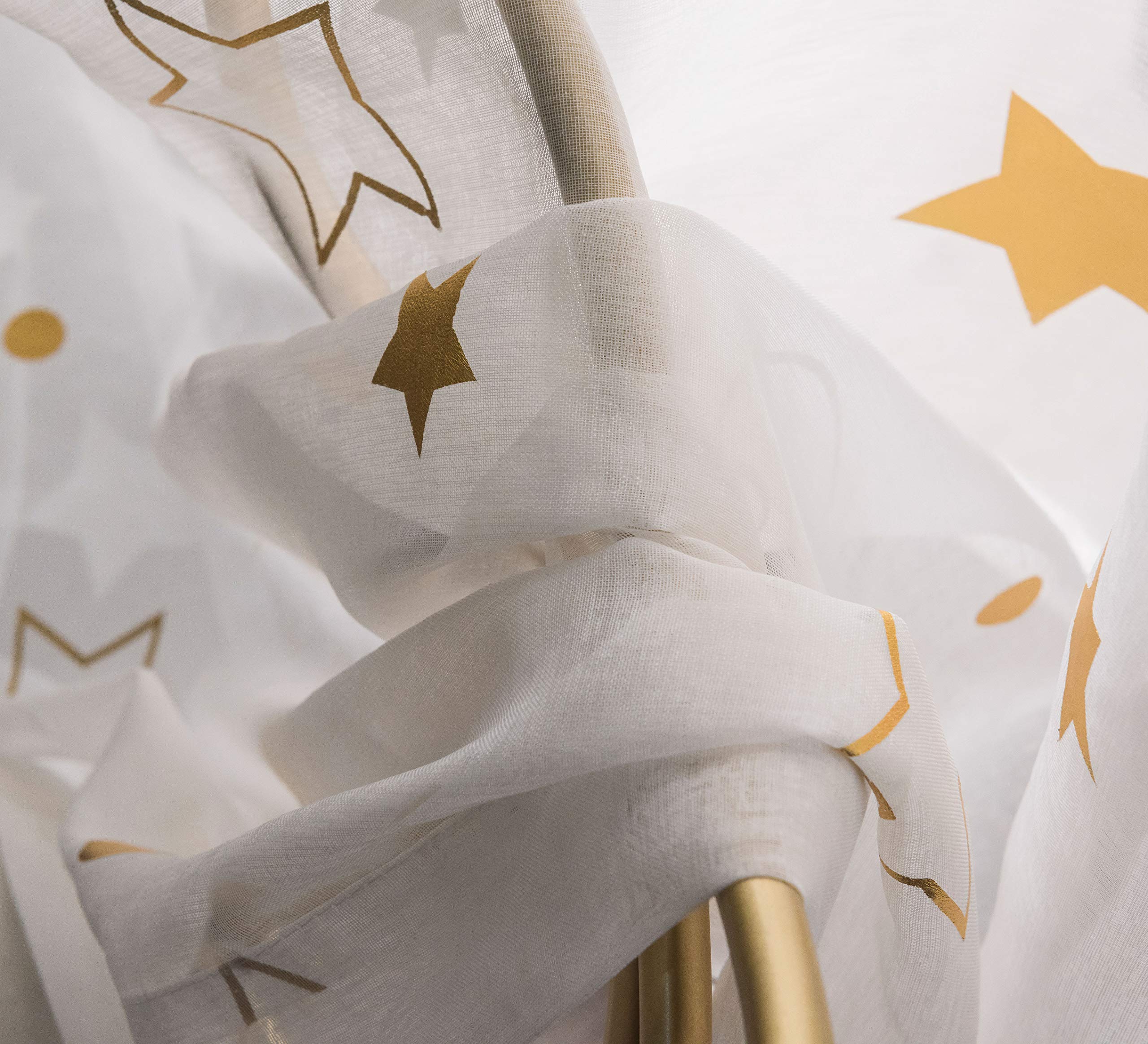 Gold Star and Moon Sheer Window Curtains for Girls Room - 63 Inch Long Grommet White Foil Printed Curtains (Set of 2 Panels) | Kids Bedroom Decor, Nursery, Playroom & Dorm Room Window Treatments
