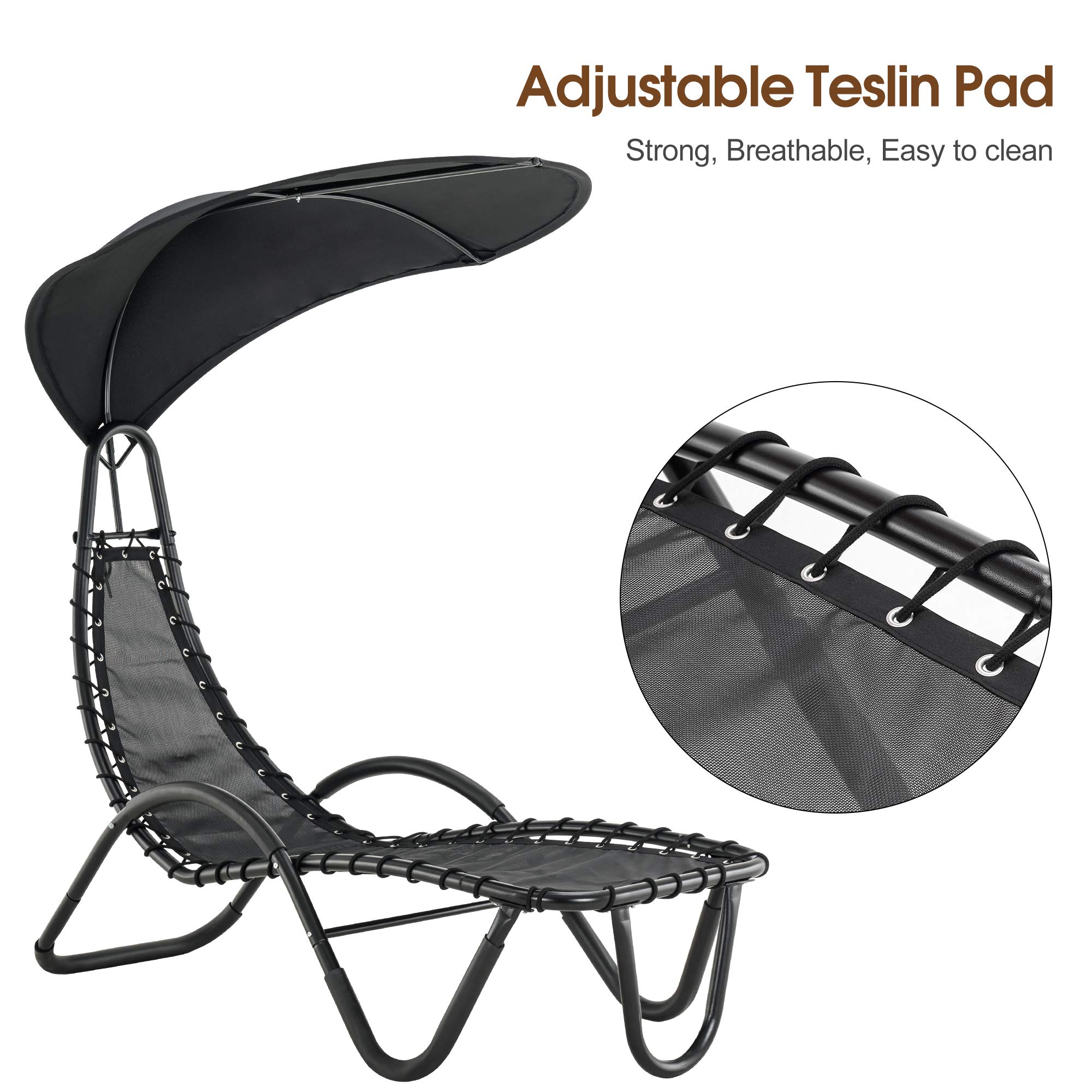 MCombo Outdoor Steel Chaise Lounge Chair with Removable Canopy & Cushions - Adjustable Reclining Chair with Side Pocket & Arc Stand - Perfect for Beach, Poolside, Backyard, Balcony, Porch & Patio (Black, 4097) - Ideal for Sunbathing, Relaxing & Outdoor Lounging