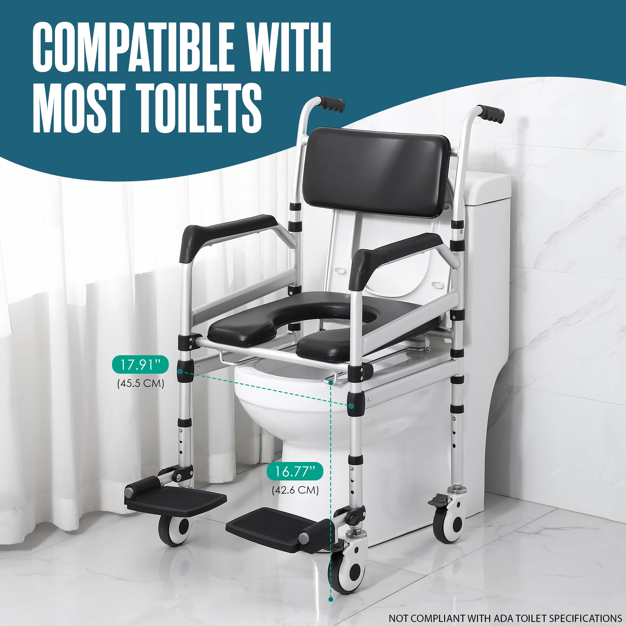 Houseables Adjustable Height Shower Chair with Wheels - Rolling Shower Wheelchair for Elderly & Handicap - Portable Bath Commode Chair for Safe Bathing & Bedside Toilet Use - Ideal for Seniors, Disabled & Post-Surgery Recovery at Home