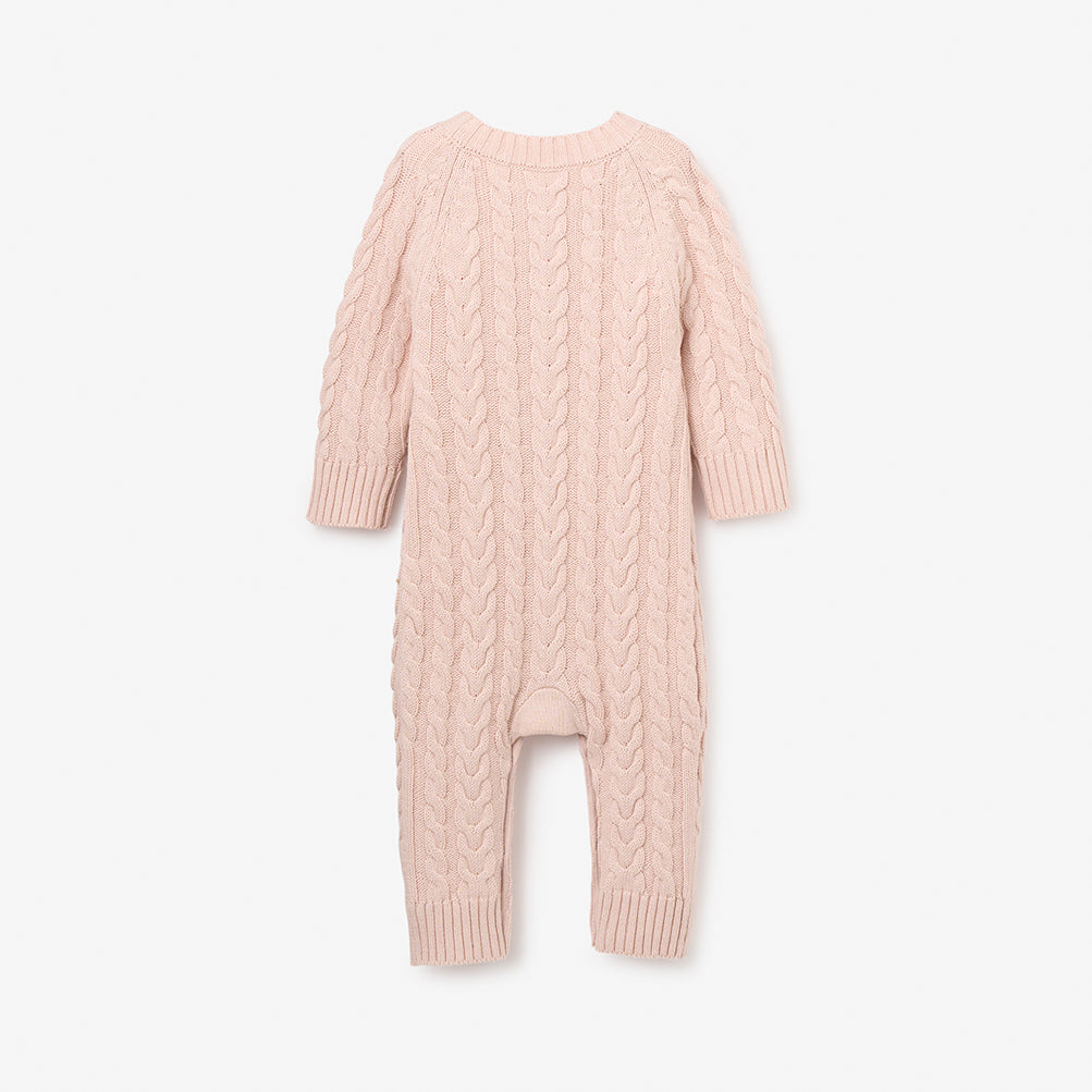 Pale Pink Horseshoe Cable Knit Baby Jumpsuit - Soft Cotton Newborn Romper for Girls - Perfect for Photo Shoots, Birthday Parties & Family Gatherings