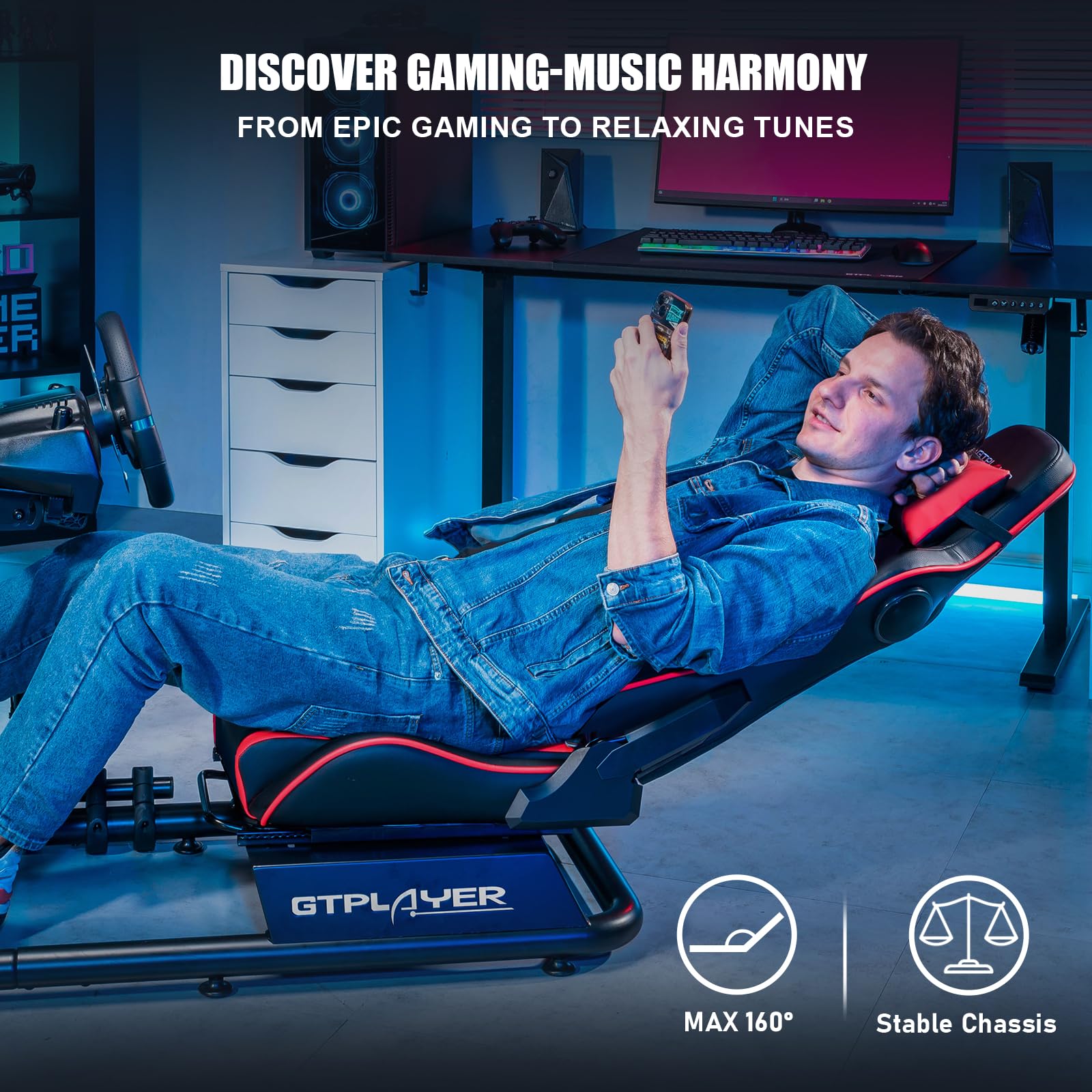 GTPLAYER Racing Simulator Cockpit with Adjustable Seat & Bluetooth Speakers - Ultra-Sturdy Alloy Steel Frame for PC/PS4/Xbox Gaming - Perfect for Home Racing Simulation & Esports Training (Red)
