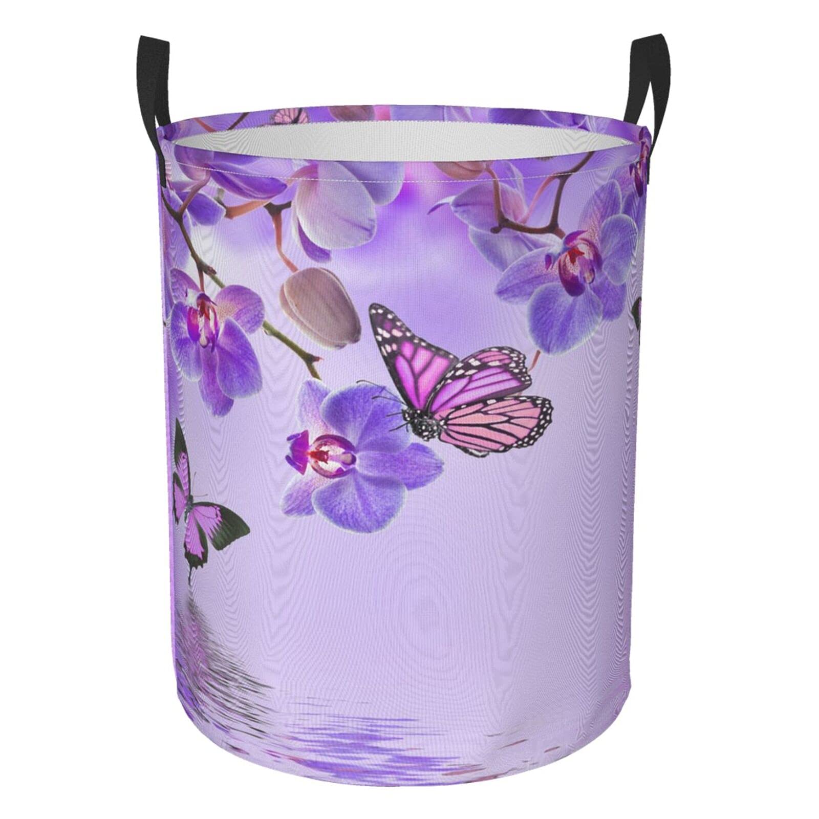 Purple Butterfly Floral Collapsible Laundry Basket with Handles - Waterproof Fabric Hamper for Clothes, Toys & Bathroom Storage - Foldable Organizer Bin for Dirty Laundry, Bedroom & Dorm Room Use