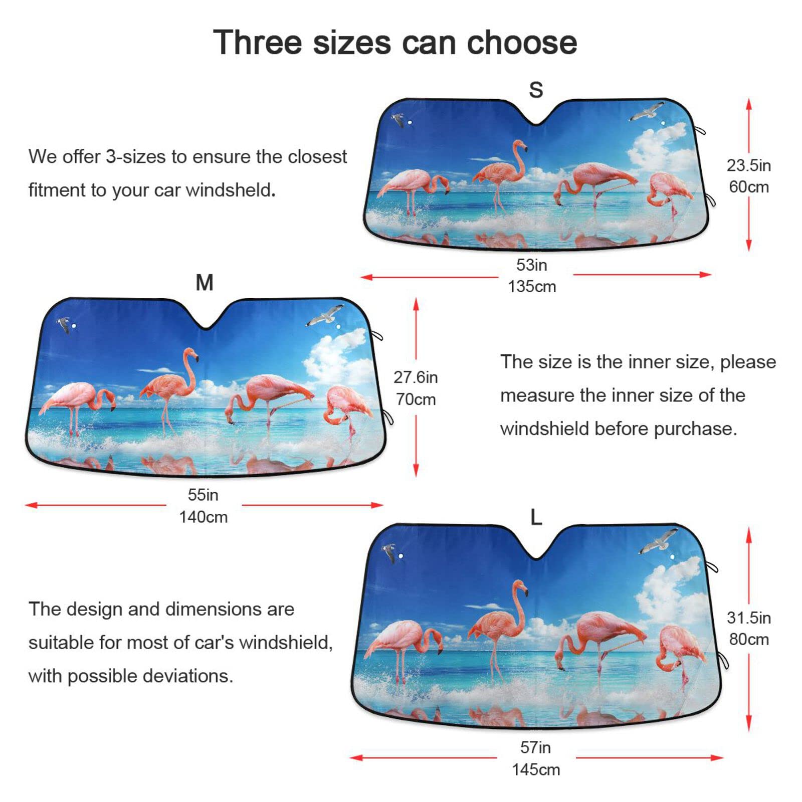 Boccsty Summer Flamingos Ocean Windshield Sun Shade for Car, Truck & SUV - UV Protection Car Window Shades with Seagulls Sky Design - Universal Fit Sun Visor for Men, Women & Baby - Perfect for Beach Trips & Road Trips