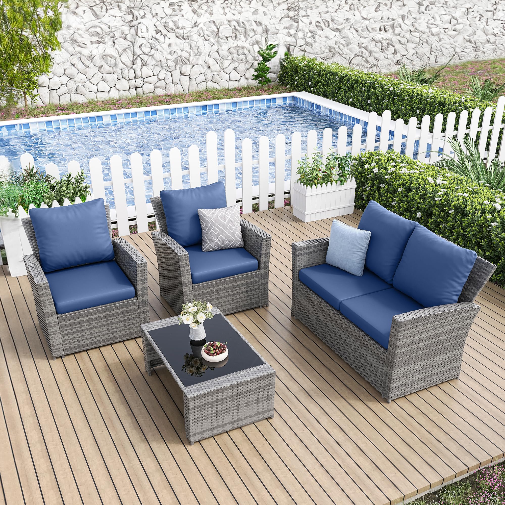 **Amopatio 4-Piece Outdoor Furniture Set - Navy Blue Wicker Sectional Sofa, Rattan Patio Conversation Set for Backyard, Porch, Balcony & Garden Relaxation**