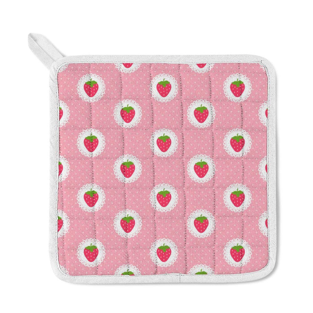 Kuizee 3-Piece Kitchen Apron Set with Strawberry Print - Soft Pink Polkadot Insulated Apron, Oven Mitts & Microwave Pads - Cooking, Baking, BBQ Accessories - Machine Washable - Perfect for Home Chefs & Gift Giving