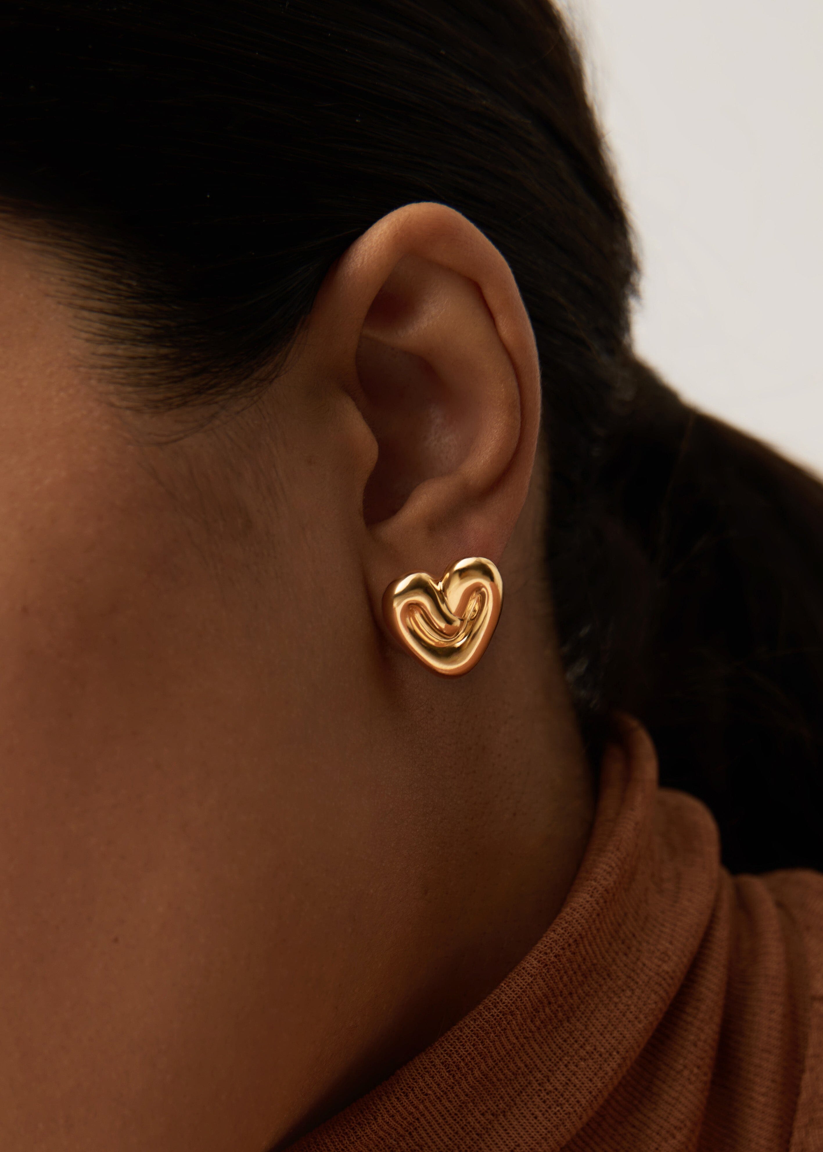 Puffy Heart Stud Earrings for Women - 18k Gold Plated Rose Gold & Silver Earrings - Cute Valentine's Day Gift for Her, Girlfriend, Wife - Perfect for Date Night, Anniversary, or Everyday Wear
