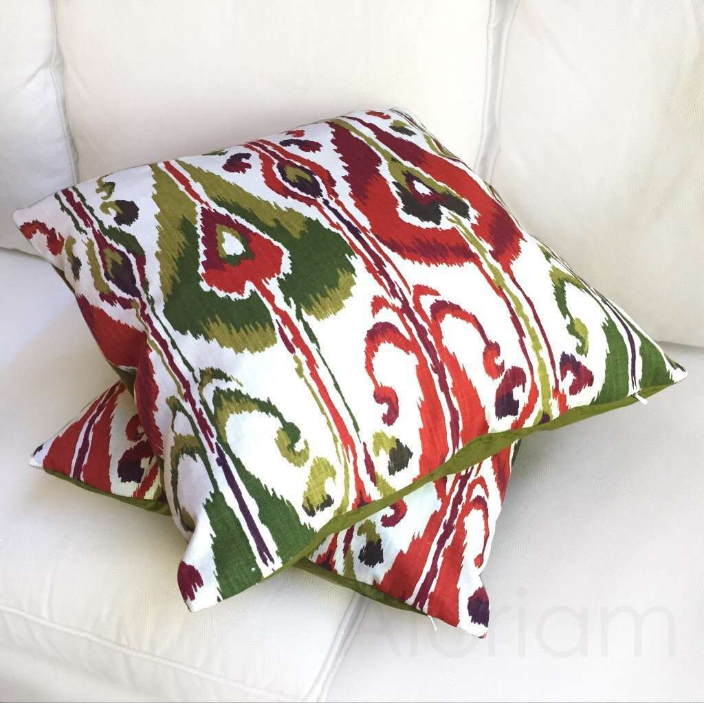Robert Allen Ikat Bands Decorative Throw Pillow Cover - Green, Red & Ivory Geometric Pattern - Perfect for Sofa, Bed & Home Decor