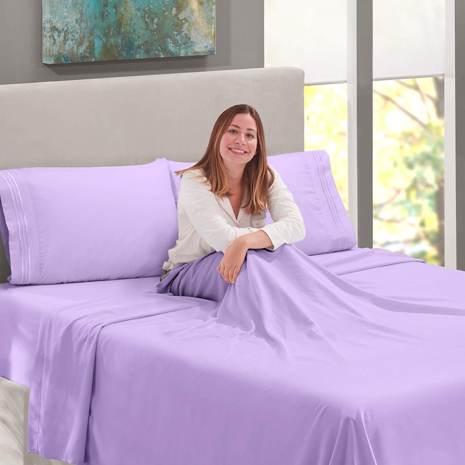 1800 Collection 6-Piece King Size Bed Sheet Set with Bonus Pillowcases - Soft Lavender Luxury Bedding for Master Bedroom & Guest Room