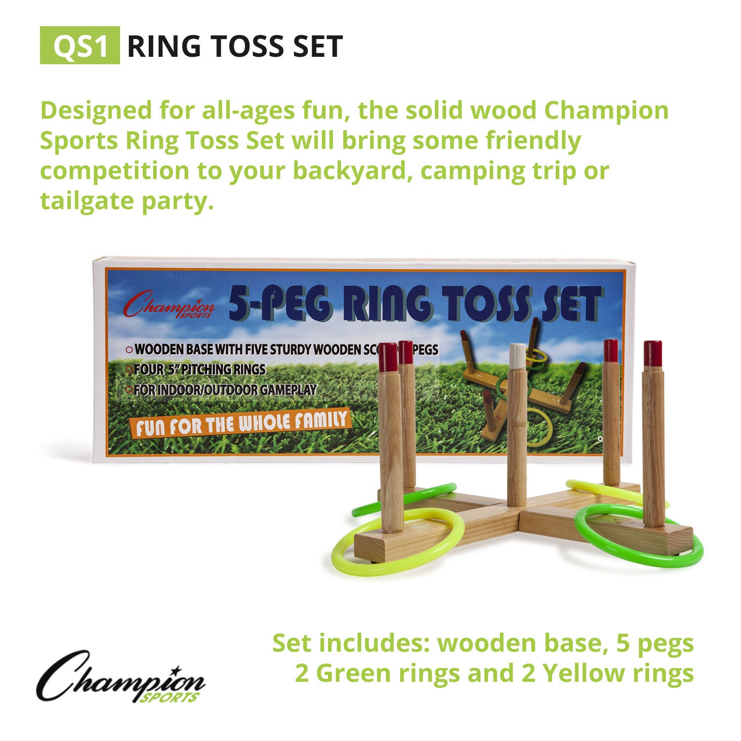 Champion Sports Classic Wooden Ring Toss Game Set - Outdoor Lawn & Backyard Party Games for Kids & Adults - Perfect for Picnics, BBQs, and Family Gatherings
