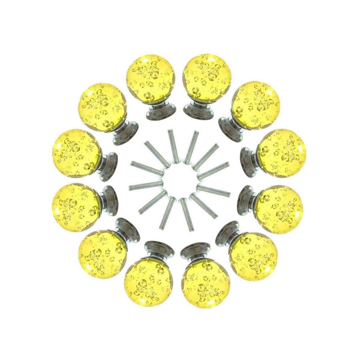 10 Pcs Round Bubble Crystal Glass Cabinet Knobs with Screws - 30mm Drawer Pulls Handles for Kitchen, Cupboard, Dresser, Bookcase & Wardrobe (Yellow) - Perfect for Home Decor & Furniture Upgrade