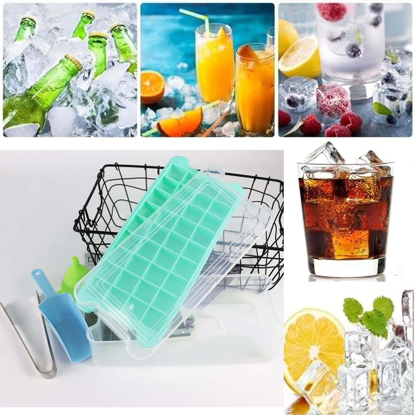 **36-Cube Silicone Ice Cube Tray with Lid, Ice Bin, Scoop & Tongs – BPA-Free Food-Grade Flexible Ice Mold for Cocktails, Beverages & Party Drinks (Blue)**