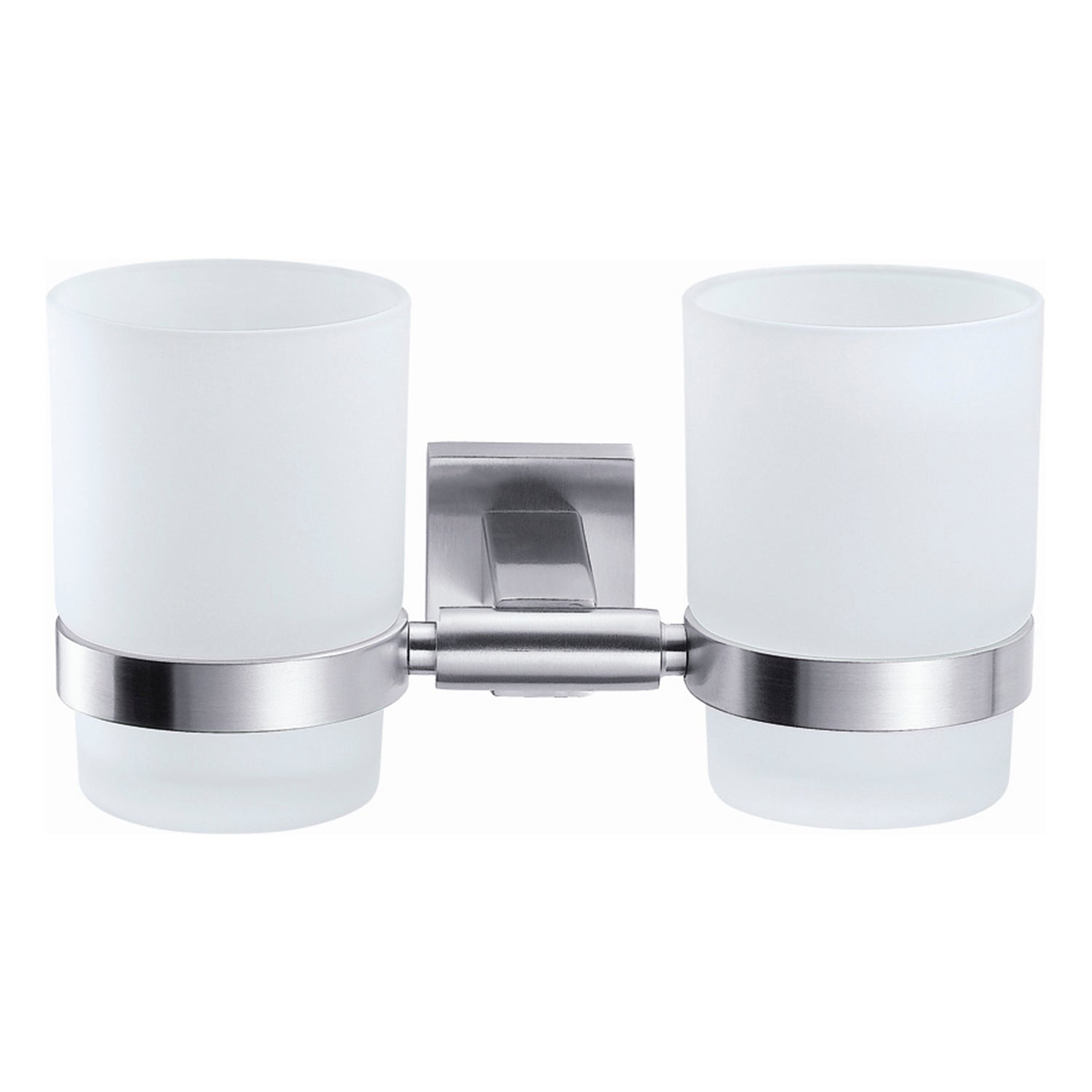 DAX Stainless Steel Wall Mount Toothbrush Holder with Glass Cup - Double Tumbler Bathroom Organizer, Satin Finish, 7 1/16 x 3 3/4 x 3 3/4 Inches (DAX G0114 S) - Perfect for Modern Bathrooms & Vanity Organization