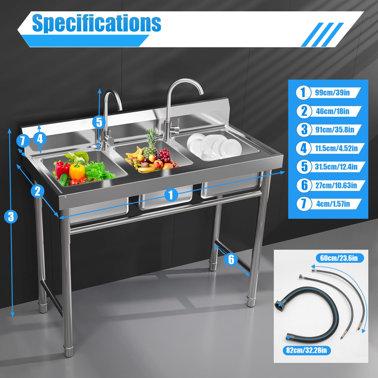 3-Compartment NSF 304 Stainless Steel Commercial Utility Sink with 11