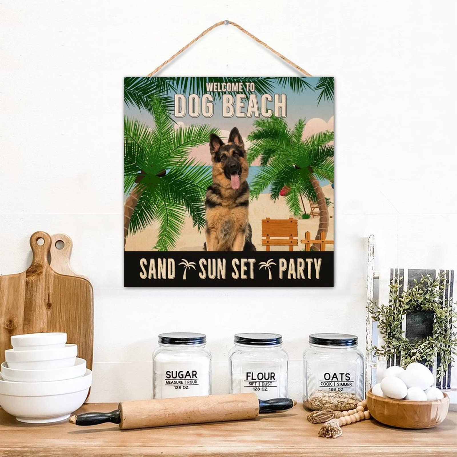 Vintage Coastal Welcome Sign - Tropical Dog Summer Beach Front Door Decor with Surfboards & Coconut Palm Design, 12x12 Inch Wooden Plaque - Perfect for Porch, First Home Gift & Beach House Entryway Decor