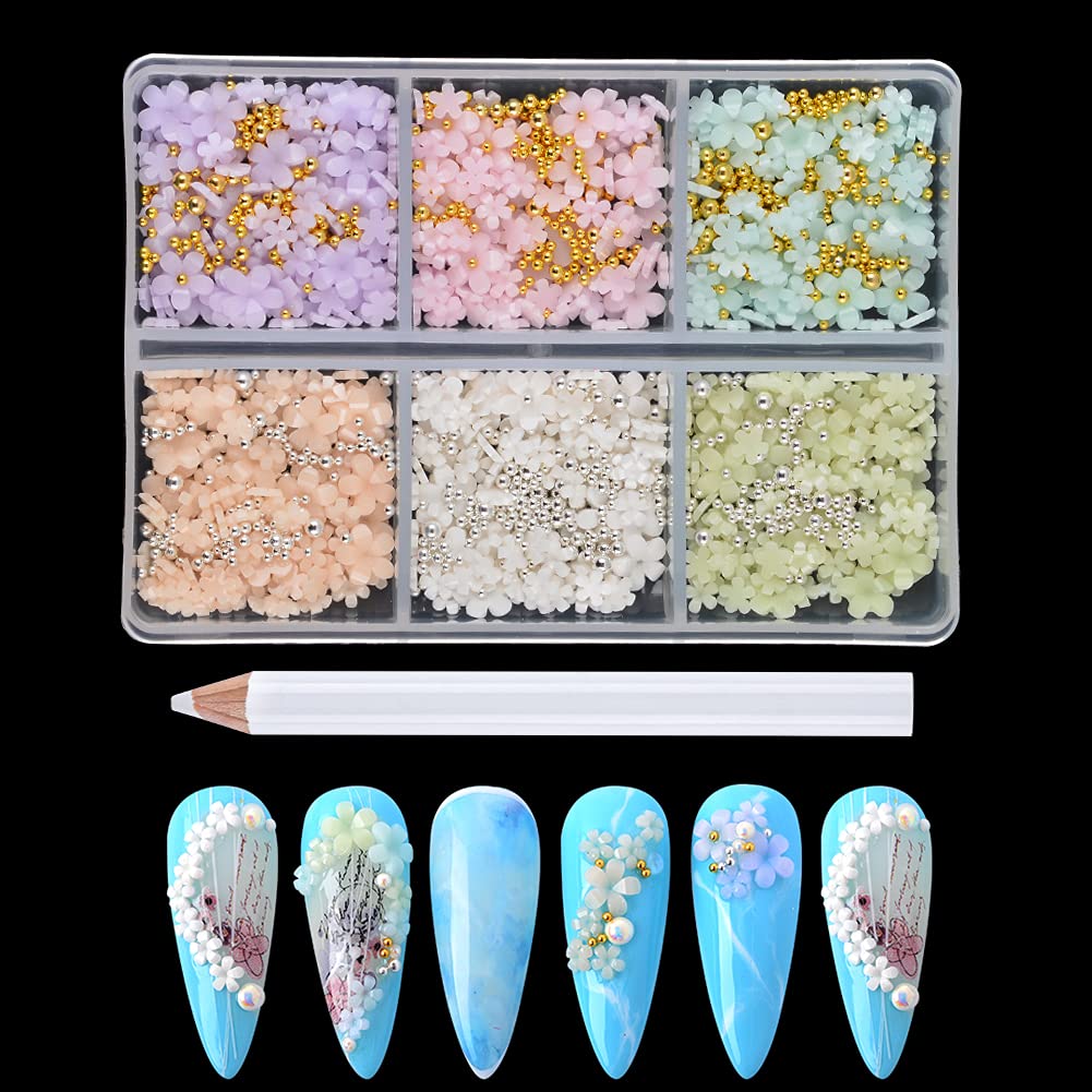 3D Flower Nail Charms & Metal Caviar Beads Set - Gold Silver Acrylic Resin Nail Art Decorations with Pickup Pencil for DIY Nail Design | Perfect for Manicures, Nail Salons & Home Nail Art Projects