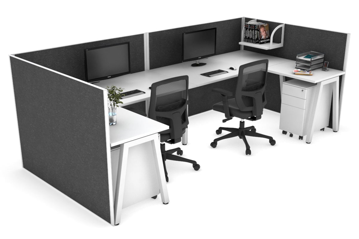 Quadro A Legs 2-Person Corner Workstation - U-Shaped White Frame Office Desk [1400L x 1800W with Cable Management] for Home & Office Workspaces