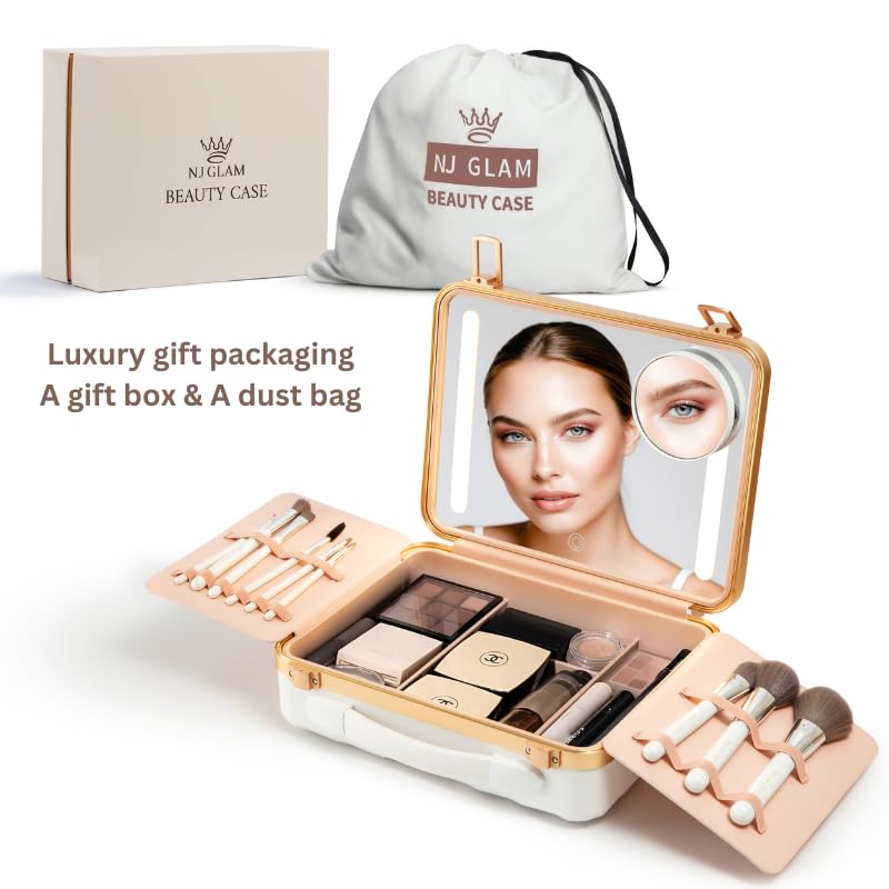 Portable LED Lighted Makeup Case with Mirror - Rechargeable Travel Makeup Organizer with 3 Light Settings & Mini 10x Mirror | Perfect for Travel, Home Vanity, and Professional Makeup Artists