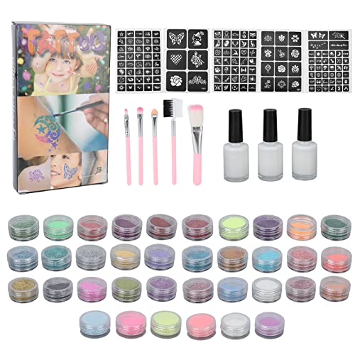 30 Colors Glitter Tattoo Kit with Stencils & Brushes - Temporary Body Art Makeup Set for Kids, Teens & Adults - Perfect for Parties, Halloween & Festivals - Includes 6 Neon Luminous Powders - Great Gift Idea