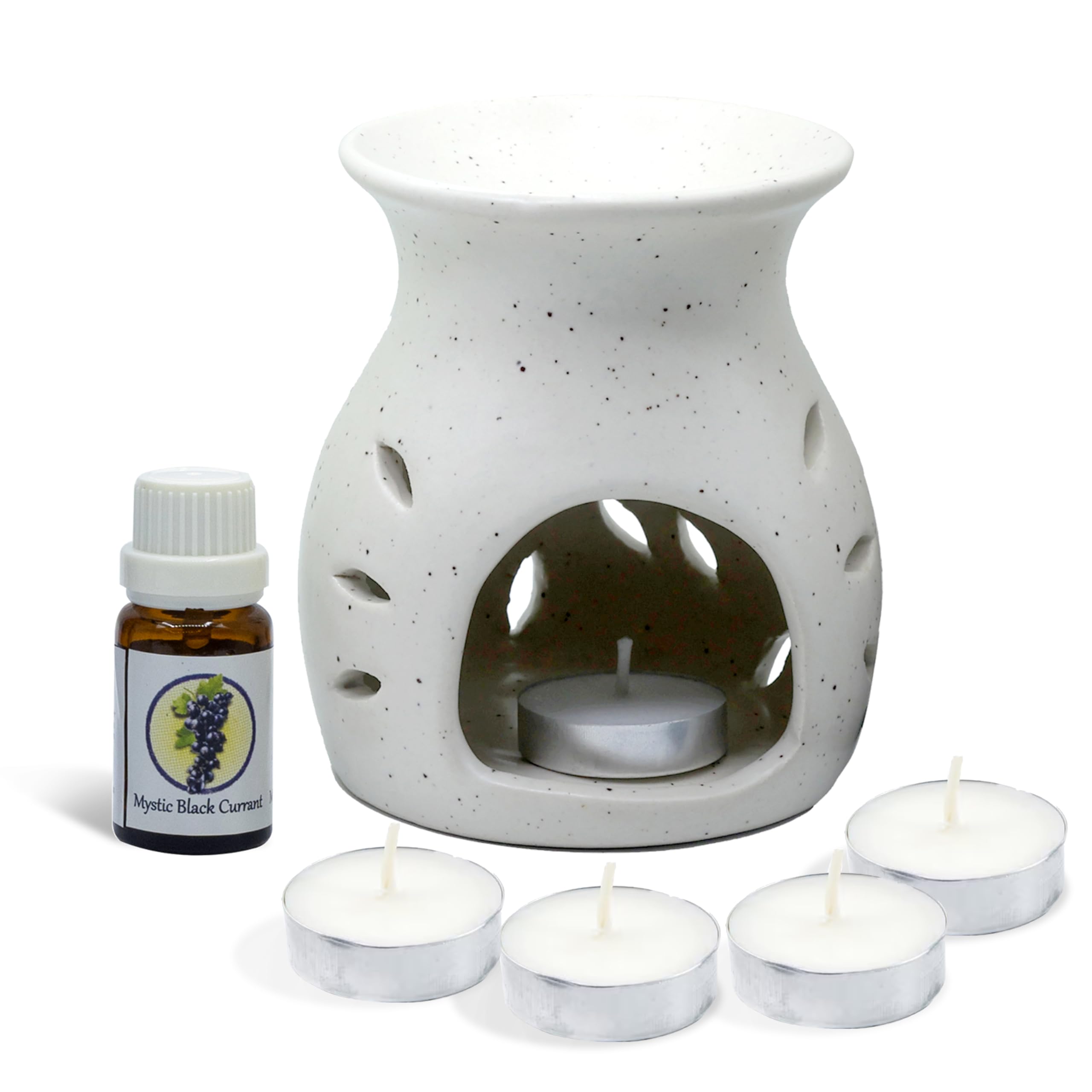 Premium HEM Ceramic Oil Burner Gift Set with Black Currant Essential Oil (10ml) & 4 Tealight Candles - Aromatherapy Diffuser for Home Fragrance, Spa Relaxation, Meditation & Gifts - Perfect for Bedroom, Bathroom, Yoga Studio & Office Spaces