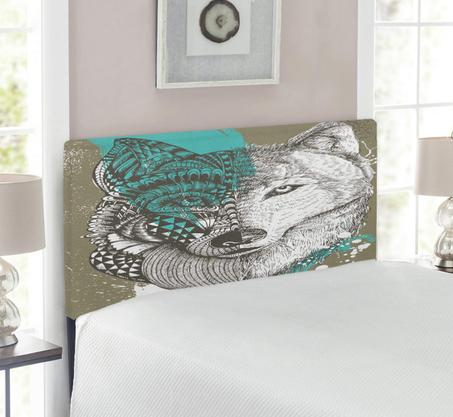Lunarable Wolf Headboard - Hand Drawn Zentangle Wolf with Paint Splatter Print, Upholstered Decorative Metal Bed Frame with Memory Foam - Twin Size Jade Green - Perfect for Kids' Rooms, Teen Bedrooms & Wolf-Themed Decor