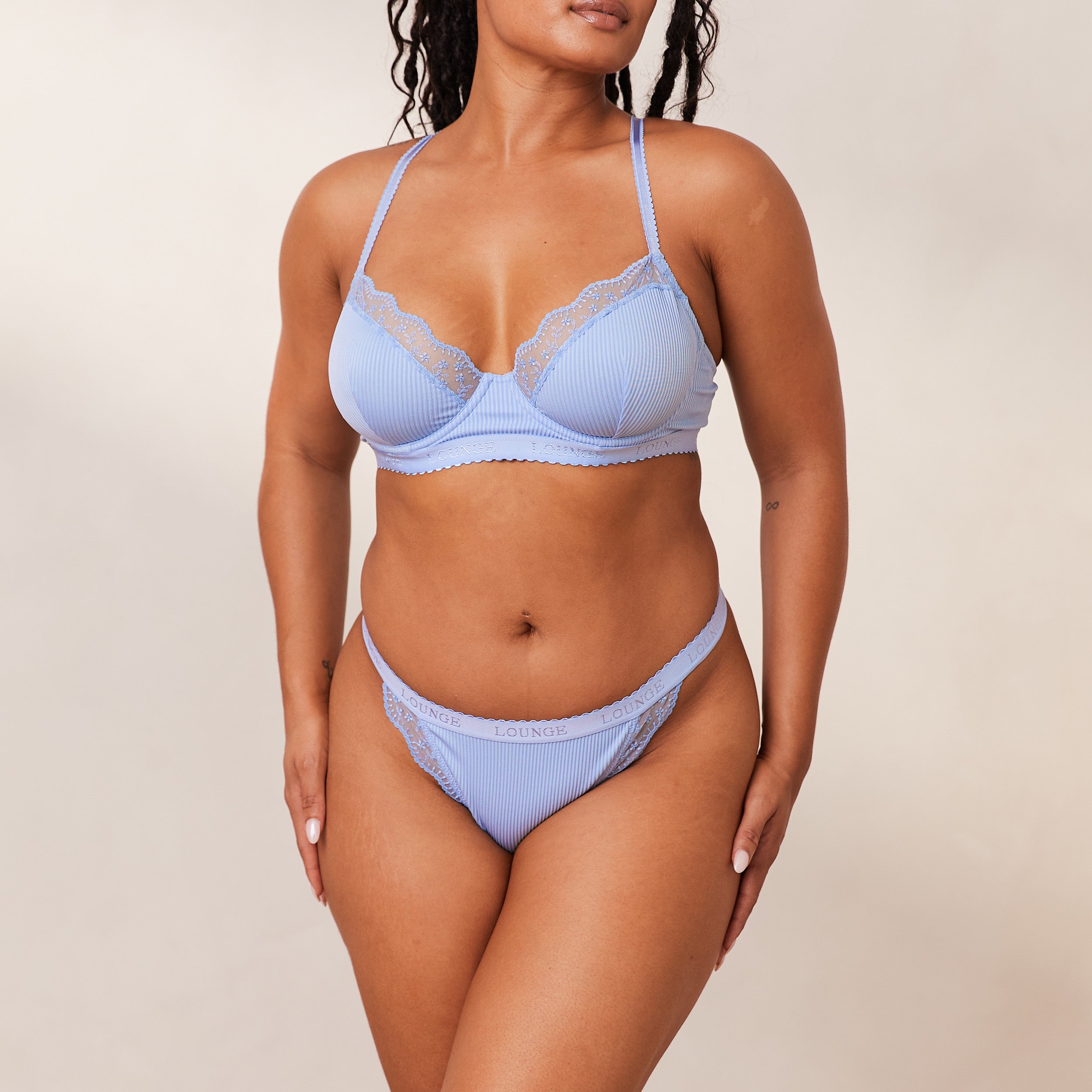 Ribbed Balcony Bra - Comfortable Lace Underwire Push Up Bra in Blue | Perfect for Everyday Wear & Special Occasions