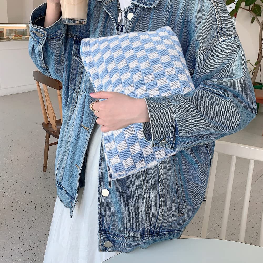 Large Checkered Makeup Bag - Travel Cosmetic Organizer with Zipper for Purse & Toiletries (Blue)